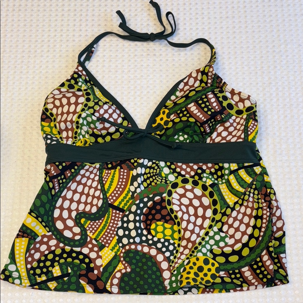 MERONA Tankini Halter Swimsuit Top Size LARGE Colorful Print Green Yellow